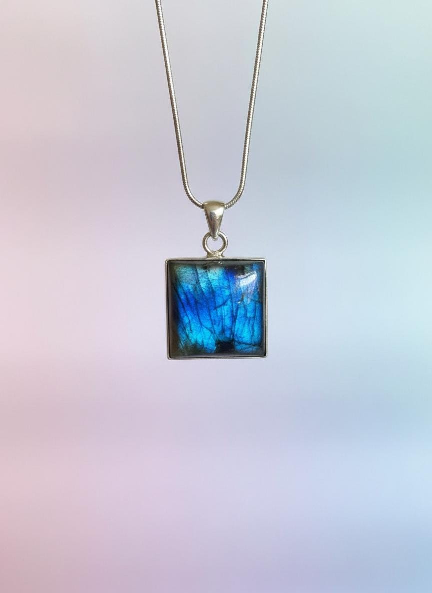 Blue Labradorite Sterling Silver Pendant, Square Cabochon