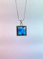 Blue Labradorite Sterling Silver Pendant, Square Cabochon