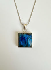 Blue Labradorite Sterling Silver Pendant, Square Cabochon