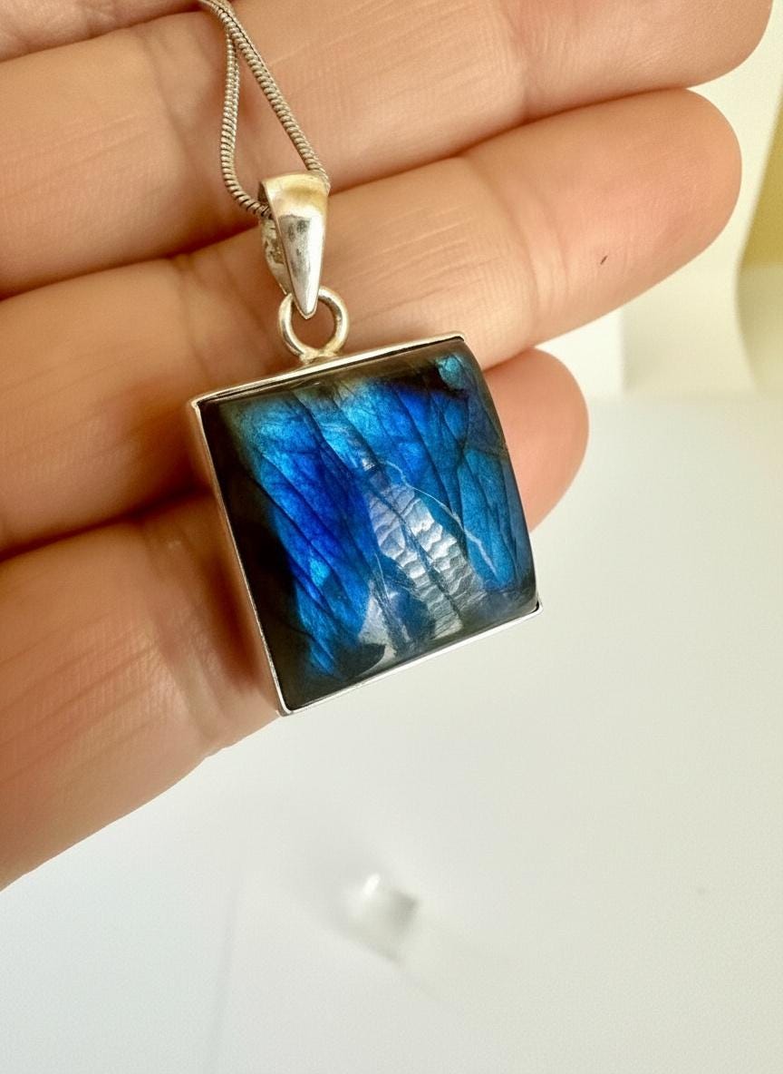 Blue Labradorite Sterling Silver Pendant, Square Cabochon