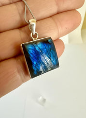 Blue Labradorite Sterling Silver Pendant, Square Cabochon