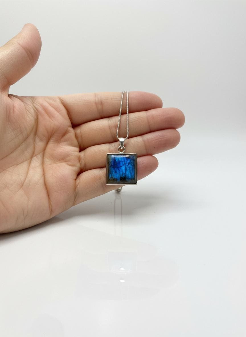 Blue Labradorite Sterling Silver Pendant, Square Cabochon