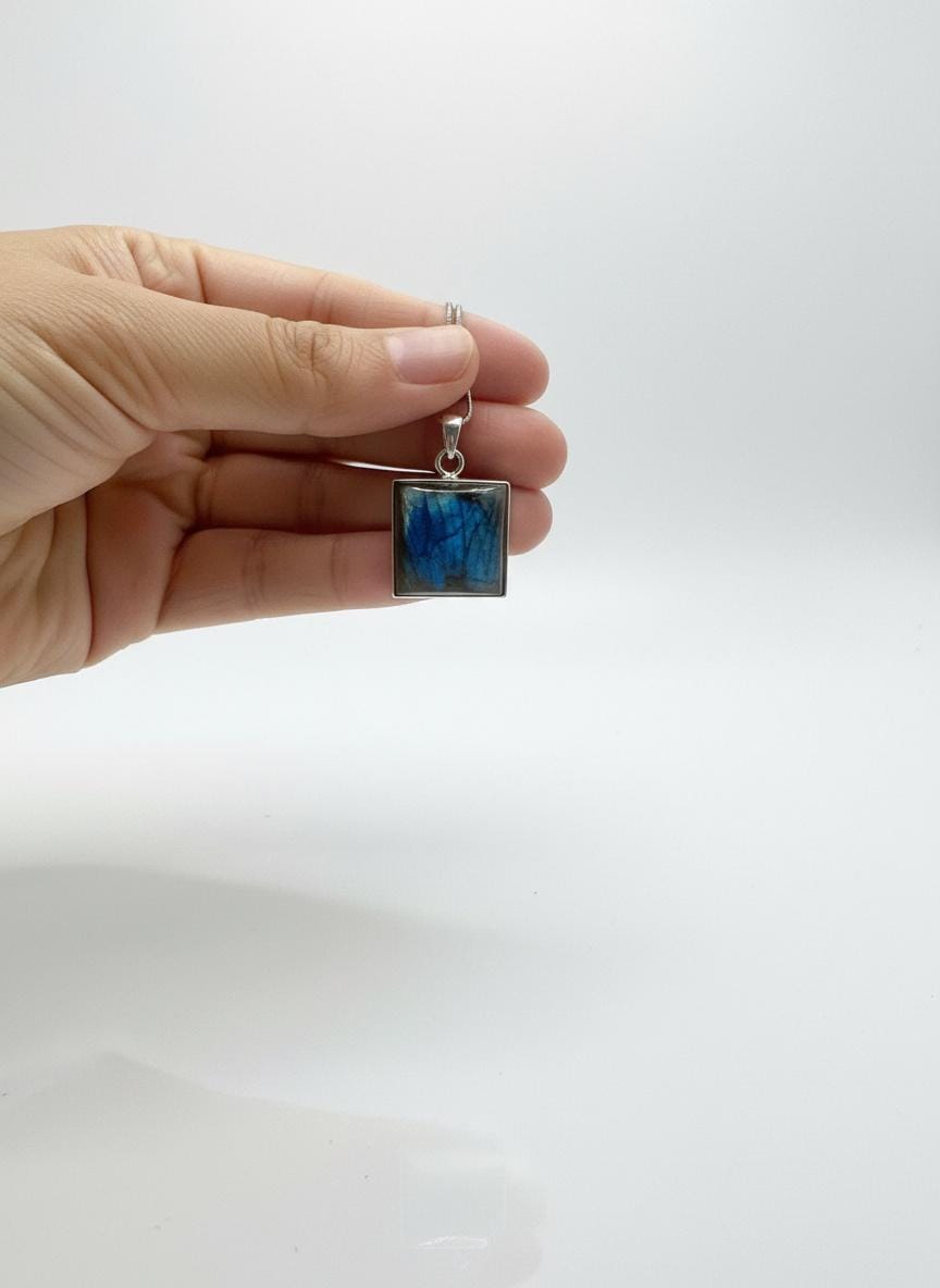 Blue Labradorite Sterling Silver Pendant, Square Cabochon