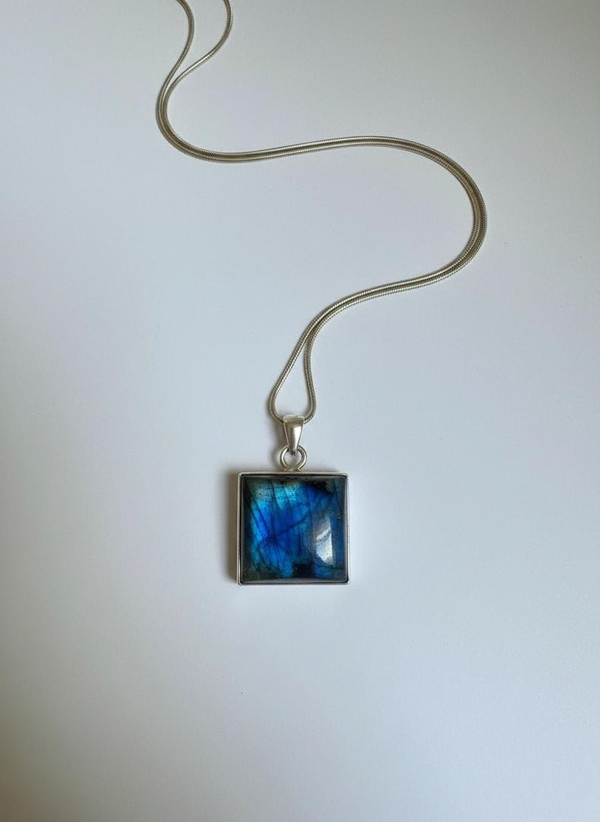 Blue Labradorite Sterling Silver Pendant, Square Cabochon