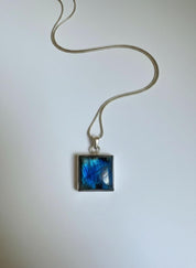 Blue Labradorite Sterling Silver Pendant, Square Cabochon