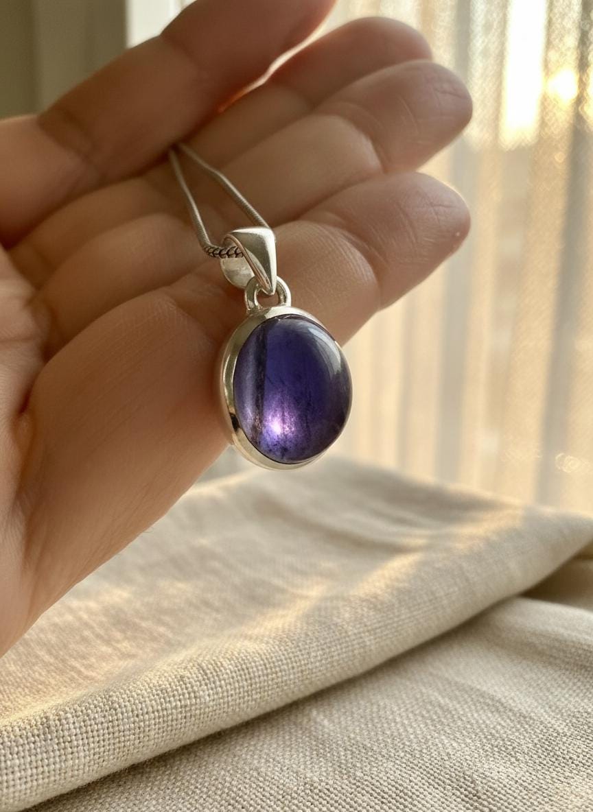 Iolite Sterling Silver Pendant Pleochroic Blue Oval 925