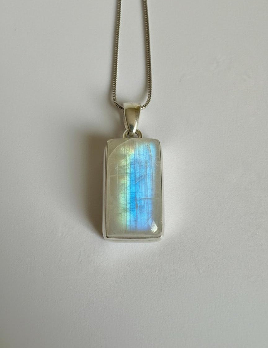 Faceted Blue Fire Moonstone Pendant: Sterling Silver, Handmade UK