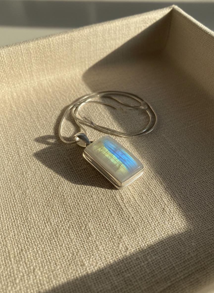 Faceted Blue Fire Moonstone Pendant: Sterling Silver, Handmade UK