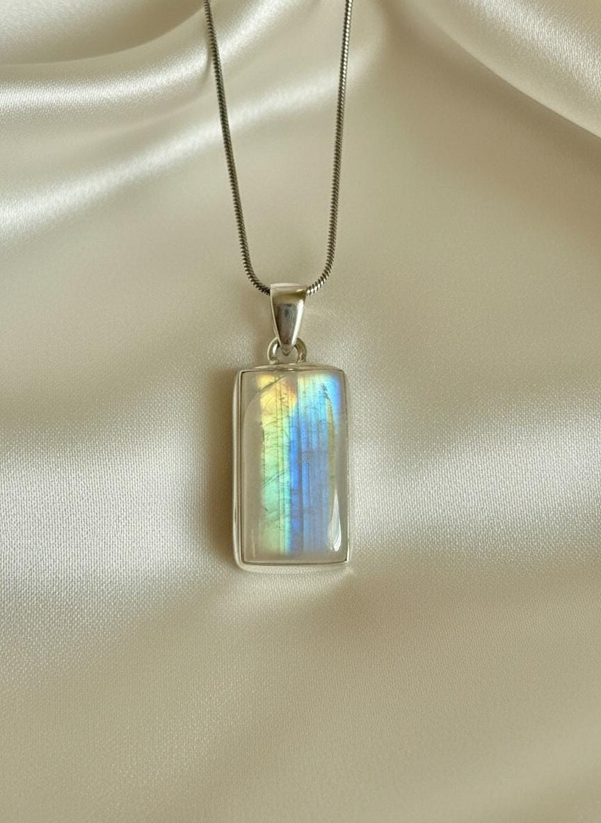 Faceted Blue Fire Moonstone Pendant: Sterling Silver, Handmade UK