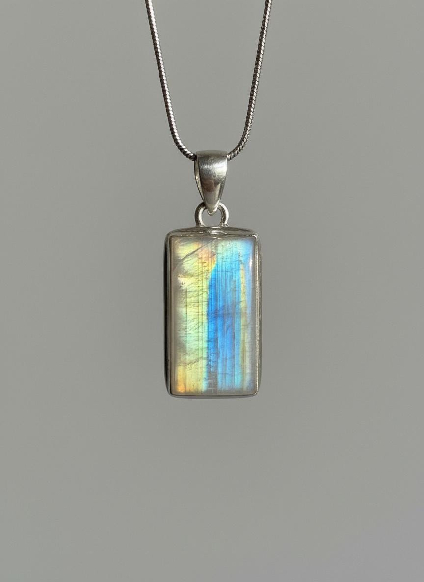Faceted Blue Fire Moonstone Pendant: Sterling Silver, Handmade UK