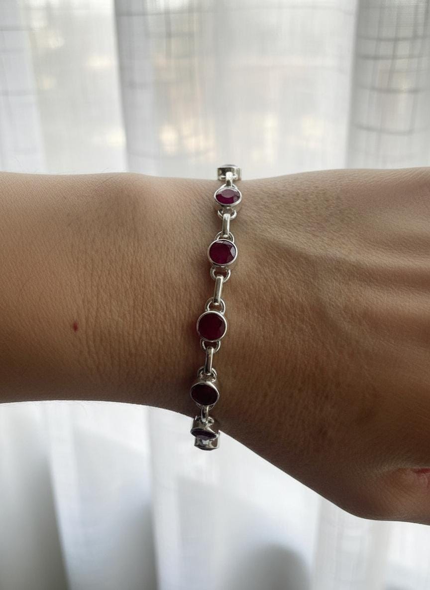Ruby Sterling Silver Bracelet – 11 Gemstones, July Birthstone Gift