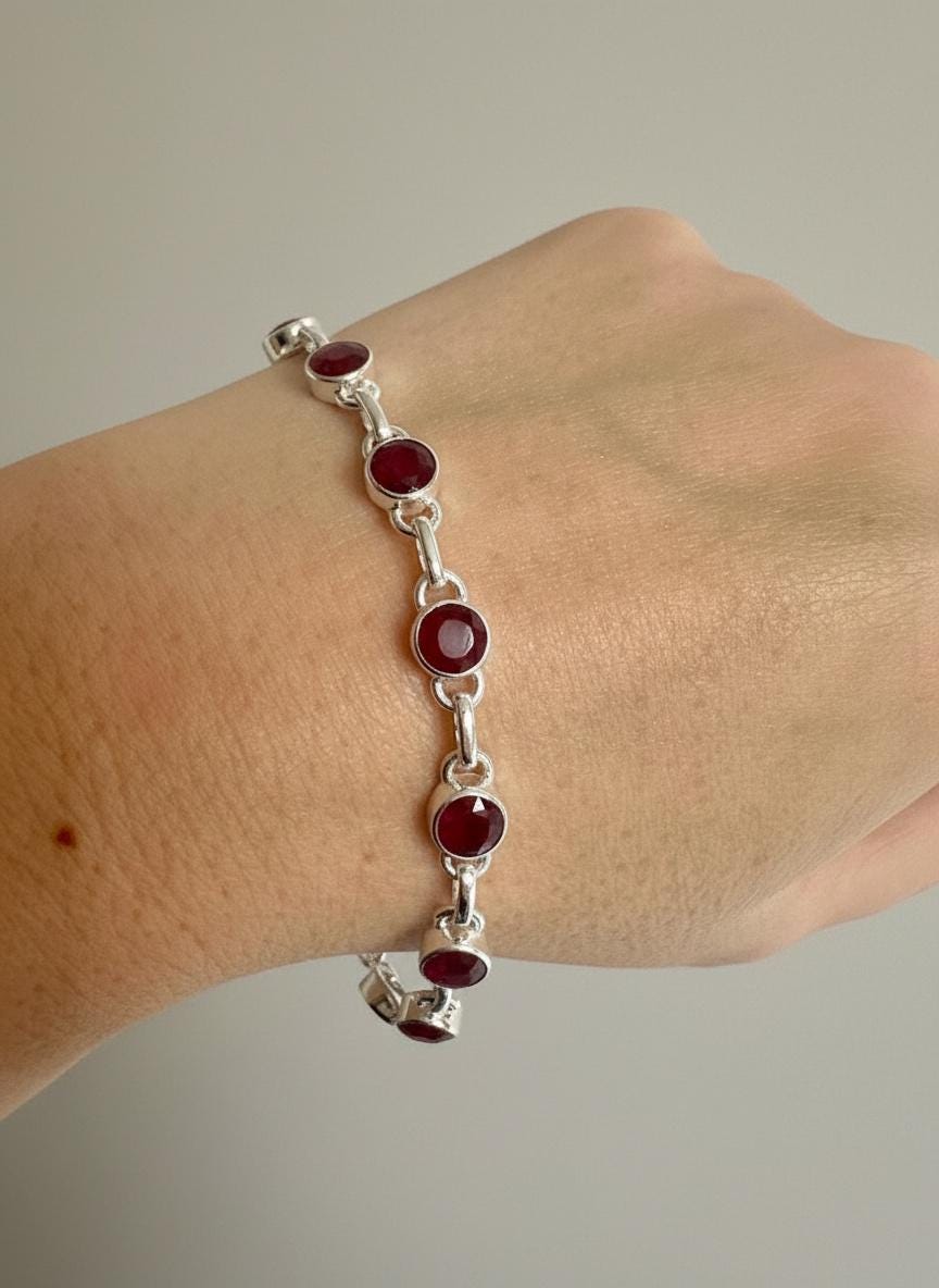 Ruby Sterling Silver Bracelet – 11 Gemstones, July Birthstone Gift