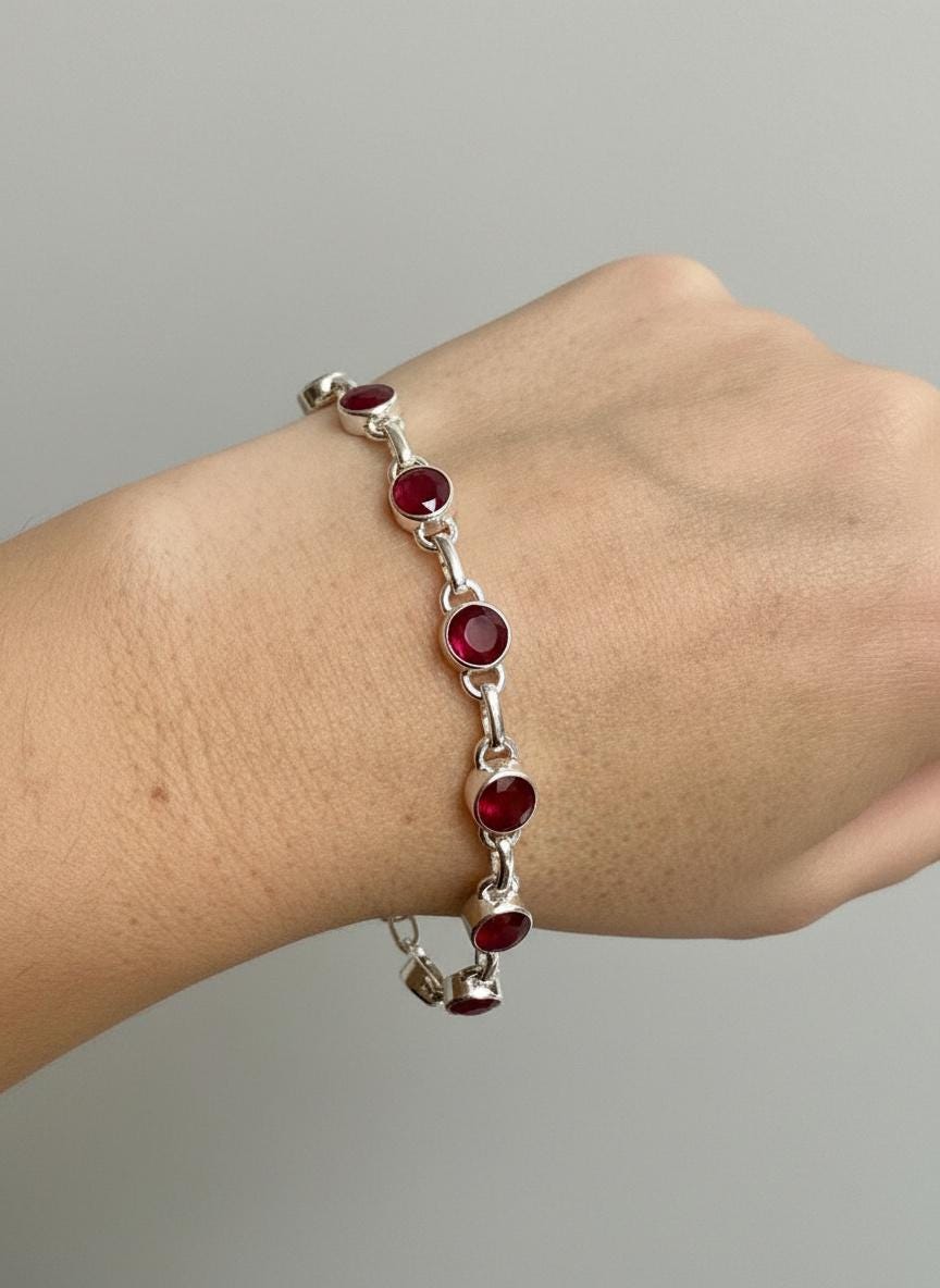 Ruby Sterling Silver Bracelet – 11 Gemstones, July Birthstone Gift