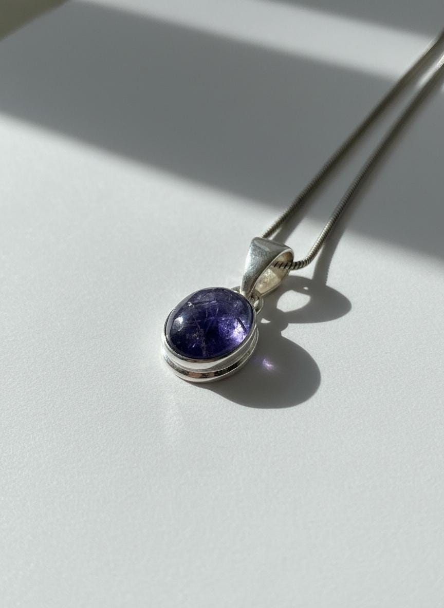 Iolite Sterling Silver Pendant Pleochroic Blue Oval 925 Handmade UK