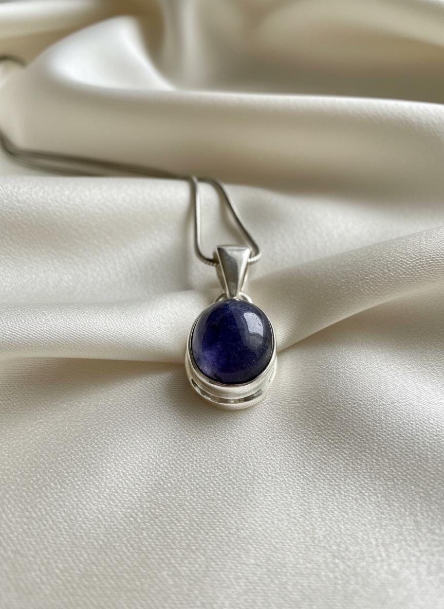 Iolite Sterling Silver Pendant Pleochroic Blue Oval 925 Handmade UK
