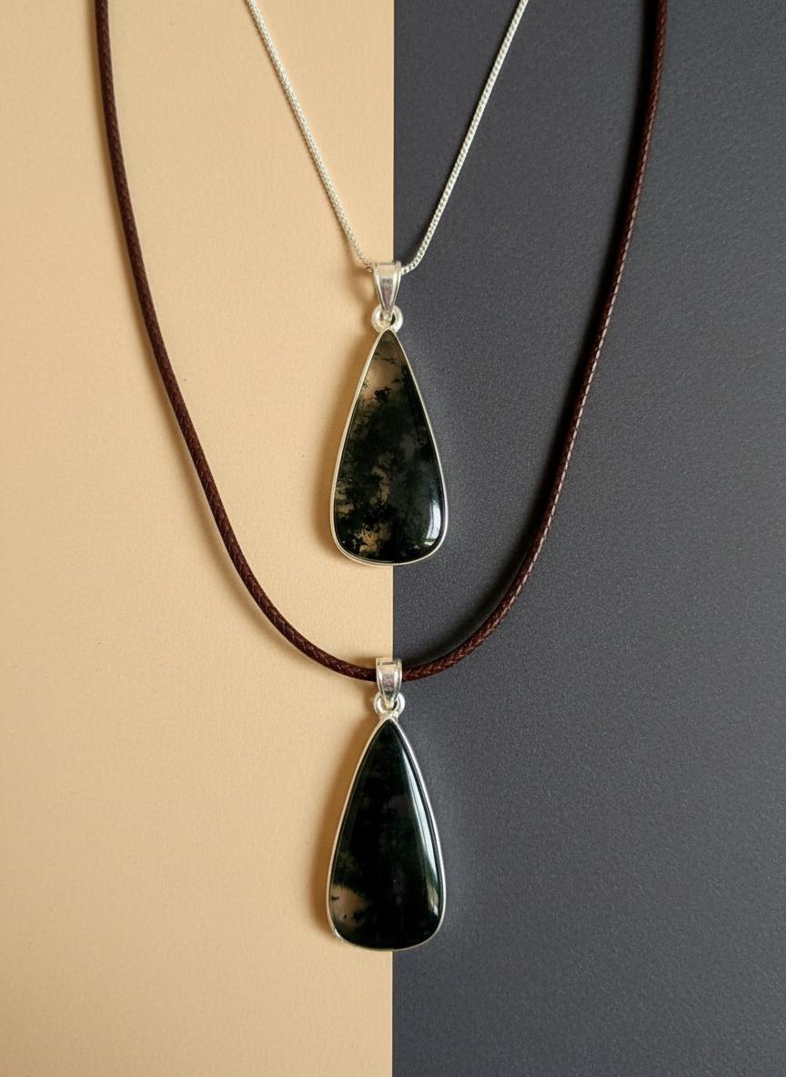 Moss Agate Teardrop Pendant 925 Sterling Silver