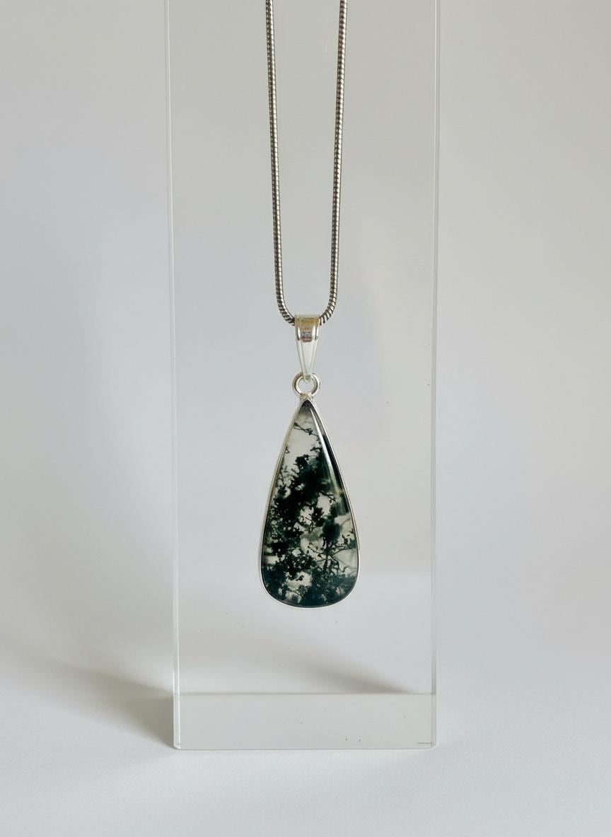 Moss Agate Teardrop Pendant 925 Sterling Silver