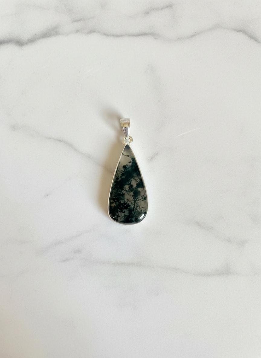 Moss Agate Teardrop Pendant 925 Sterling Silver