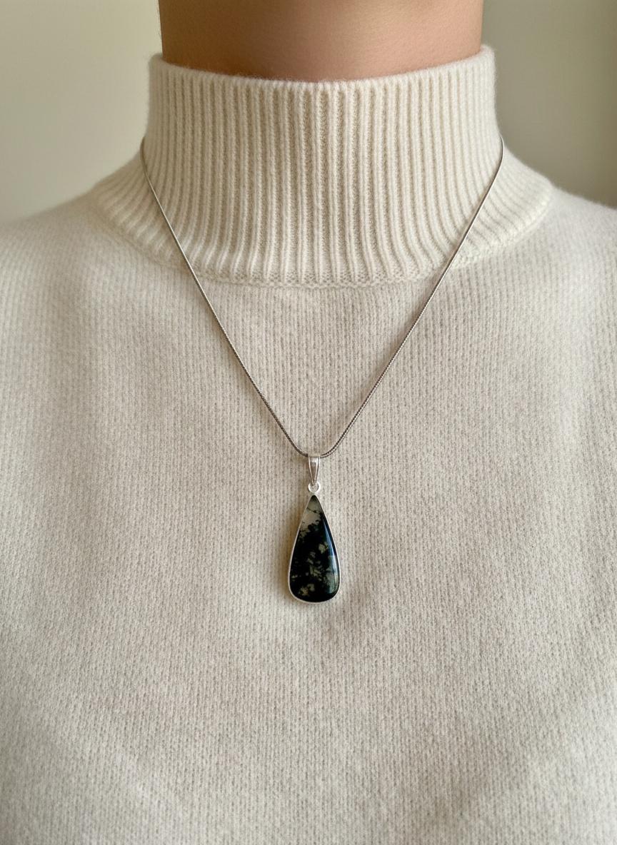 Moss Agate Teardrop Pendant 925 Sterling Silver