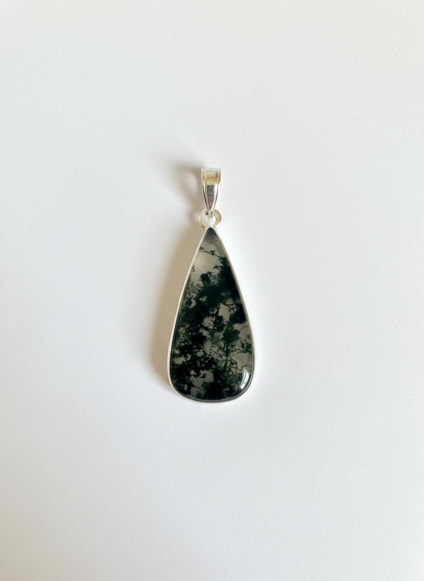 Moss Agate Teardrop Pendant 925 Sterling Silver