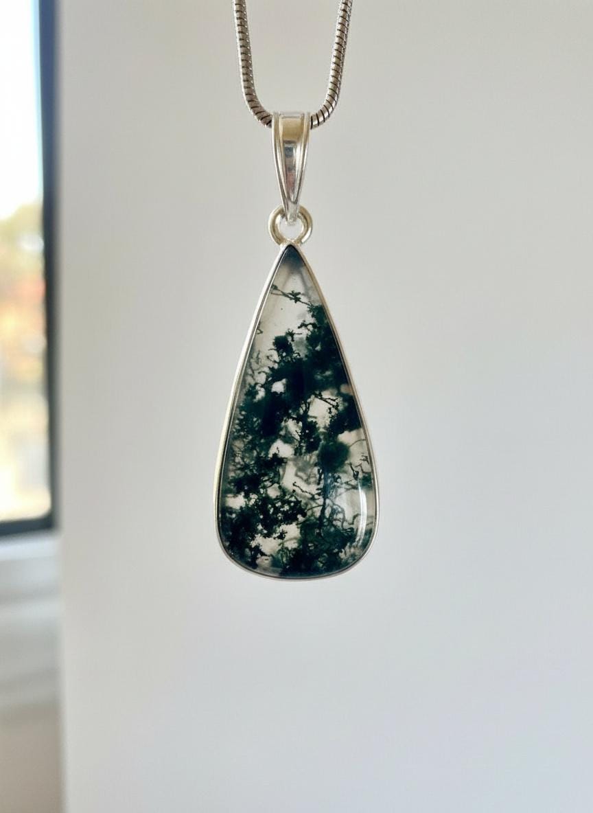 Moss Agate Teardrop Pendant 925 Sterling Silver
