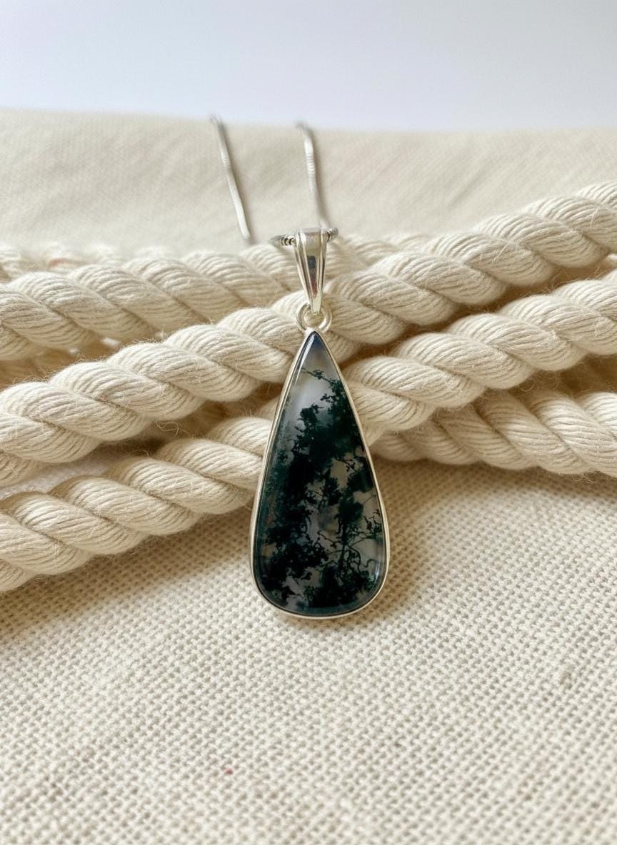 Moss Agate Teardrop Pendant 925 Sterling Silver