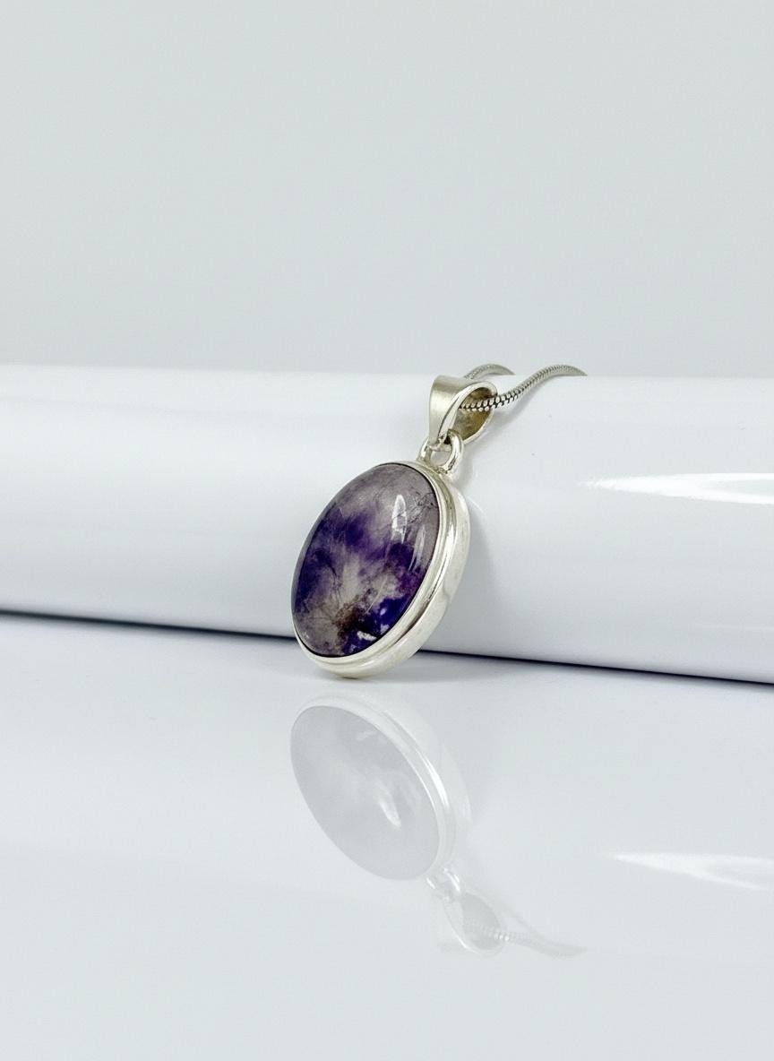 Blue John Oval Sterling Silver Pendant, Derbyshire Spar