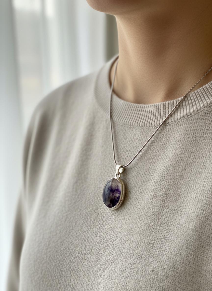 Blue John Oval Sterling Silver Pendant, Derbyshire Spar