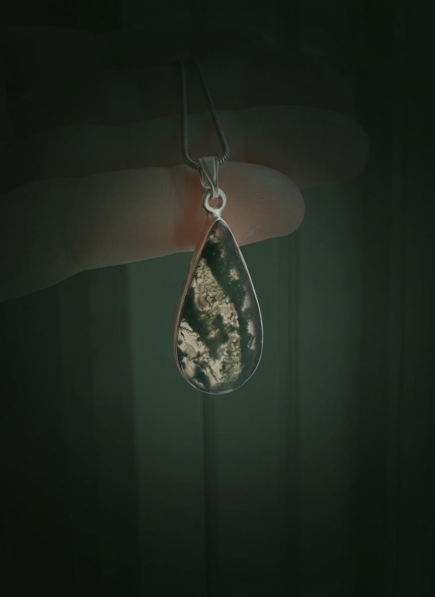 Moss Agate Teardrop Pendant 925 Sterling Silver Handmade UK
