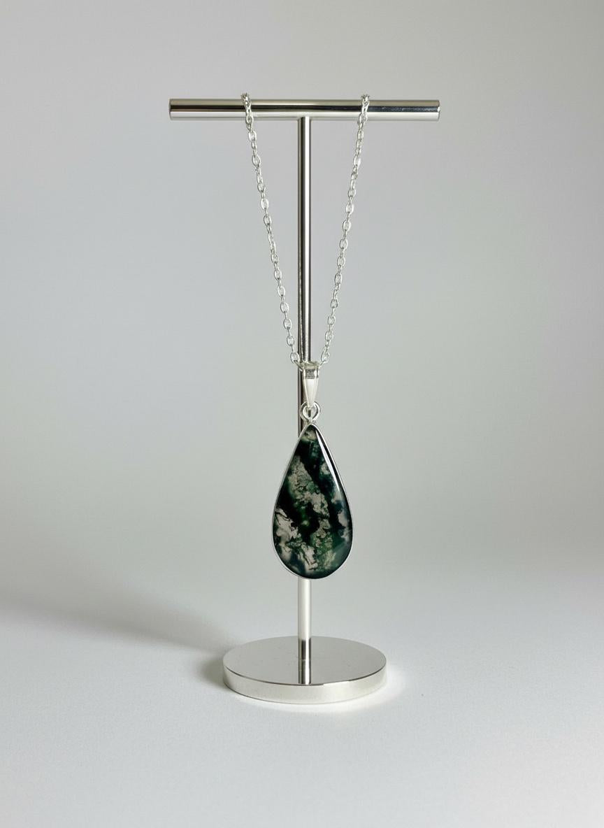 Moss Agate Teardrop Pendant 925 Sterling Silver Handmade UK