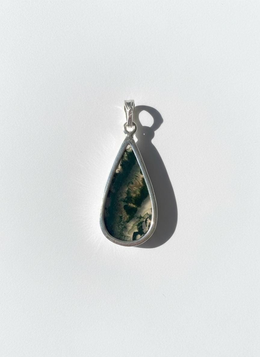 Moss Agate Teardrop Pendant 925 Sterling Silver Handmade UK