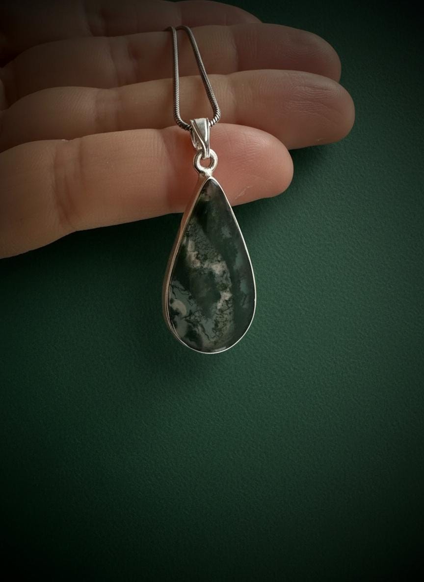 Moss Agate Teardrop Pendant 925 Sterling Silver Handmade UK