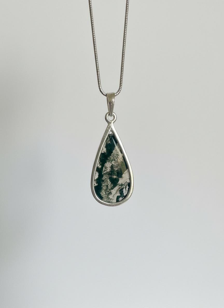 Moss Agate Teardrop Pendant 925 Sterling Silver Handmade UK