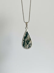 Moss Agate Teardrop Pendant 925 Sterling Silver Handmade UK