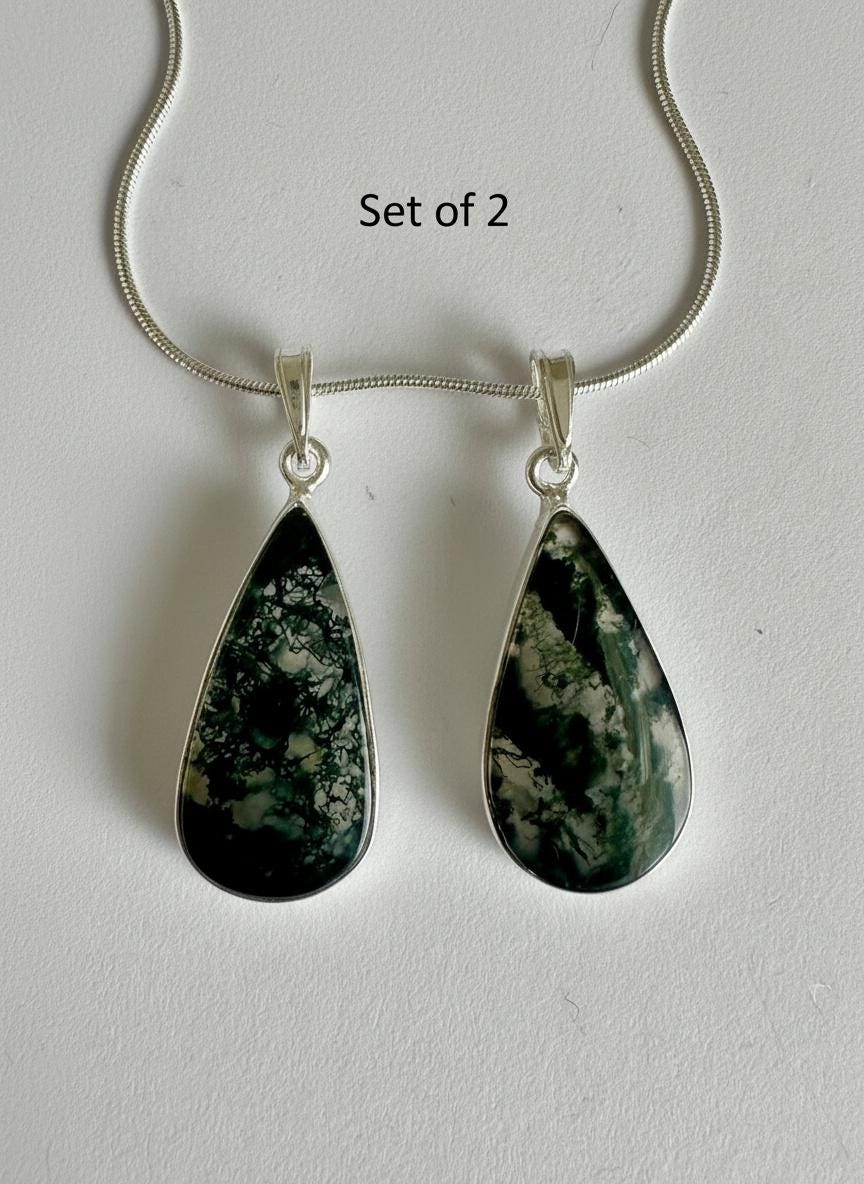 Moss Agate Pendant Set in Sterling Silver — Mother & Daughter Gift