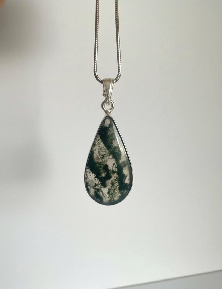 Moss Agate Teardrop Pendant 925 Sterling Silver Handmade UK