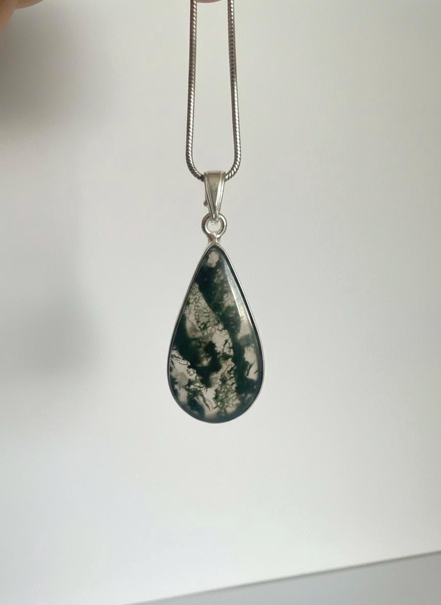 Moss Agate Teardrop Pendant 925 Sterling Silver Handmade UK