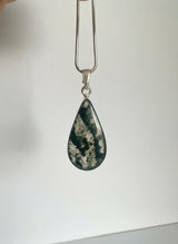 Moss Agate Teardrop Pendant 925 Sterling Silver Handmade UK