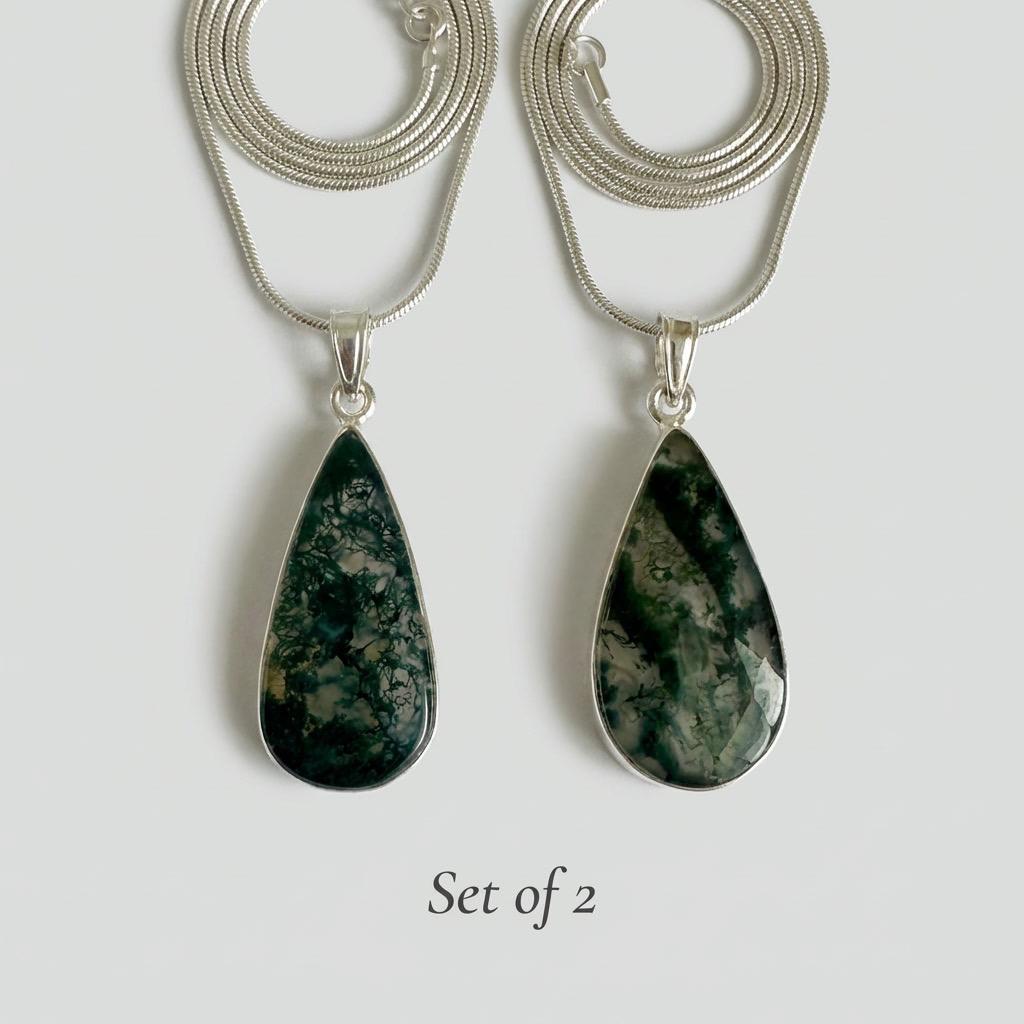 Moss Agate Pendant Set in Sterling Silver — Mother & Daughter Gift