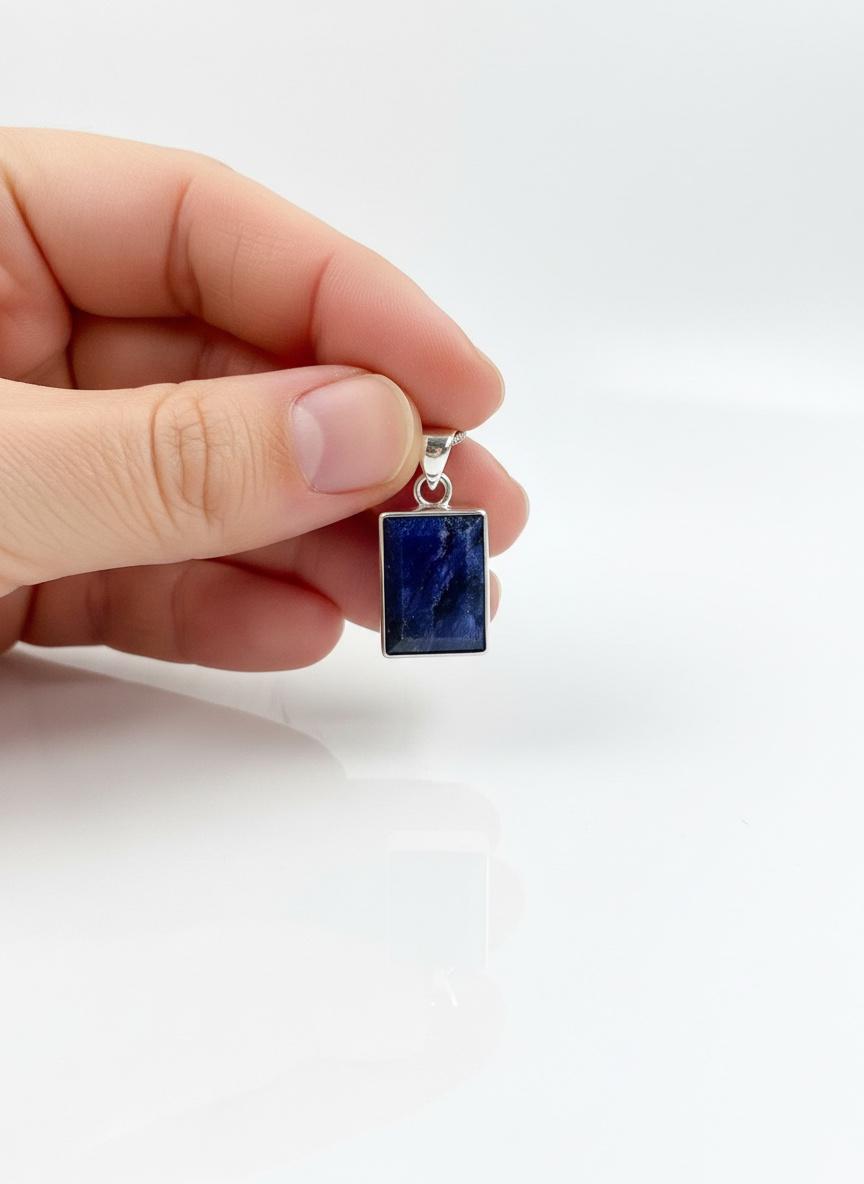 Blue Sapphire Rectangle Pendant in 925 Sterling Silver