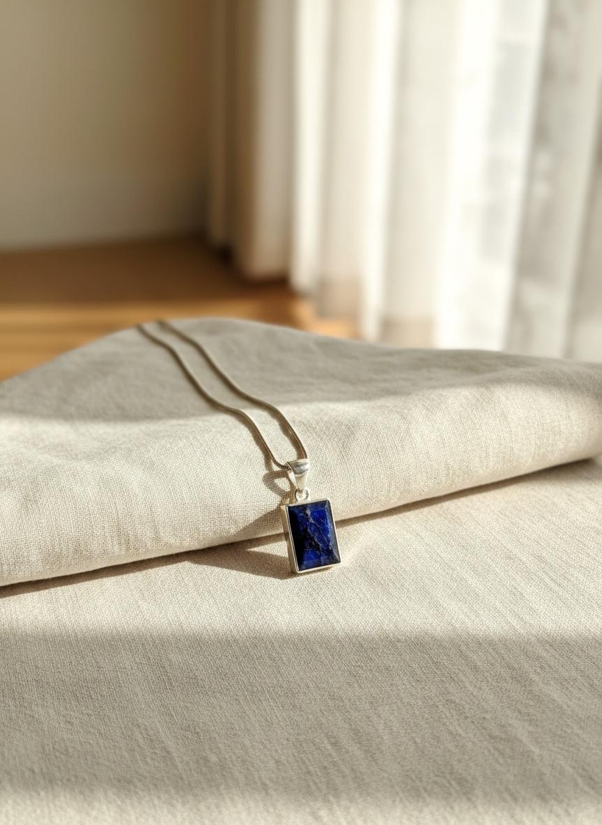 Blue Sapphire Rectangle Pendant in 925 Sterling Silver