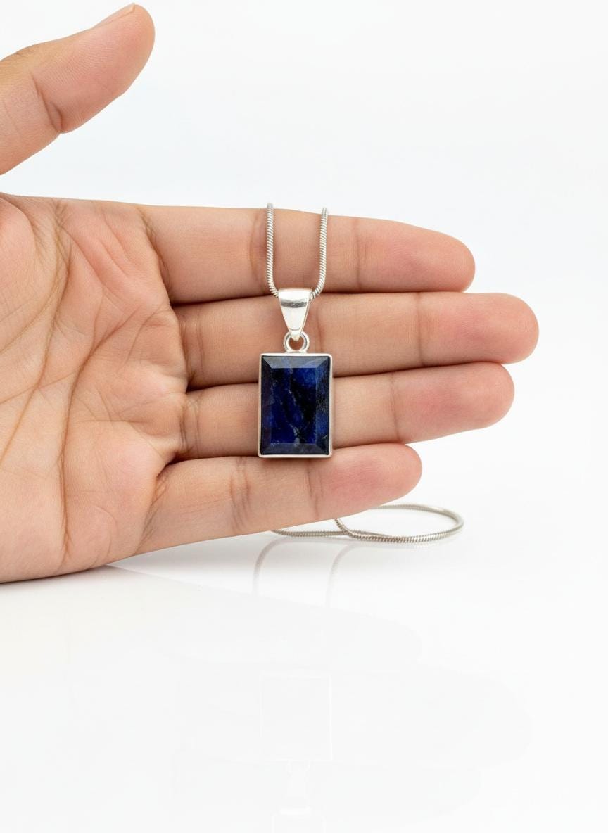 Blue Sapphire Rectangle Pendant in 925 Sterling Silver
