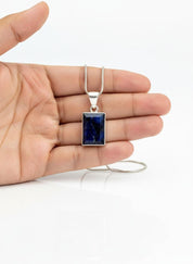 Blue Sapphire Rectangle Pendant in 925 Sterling Silver