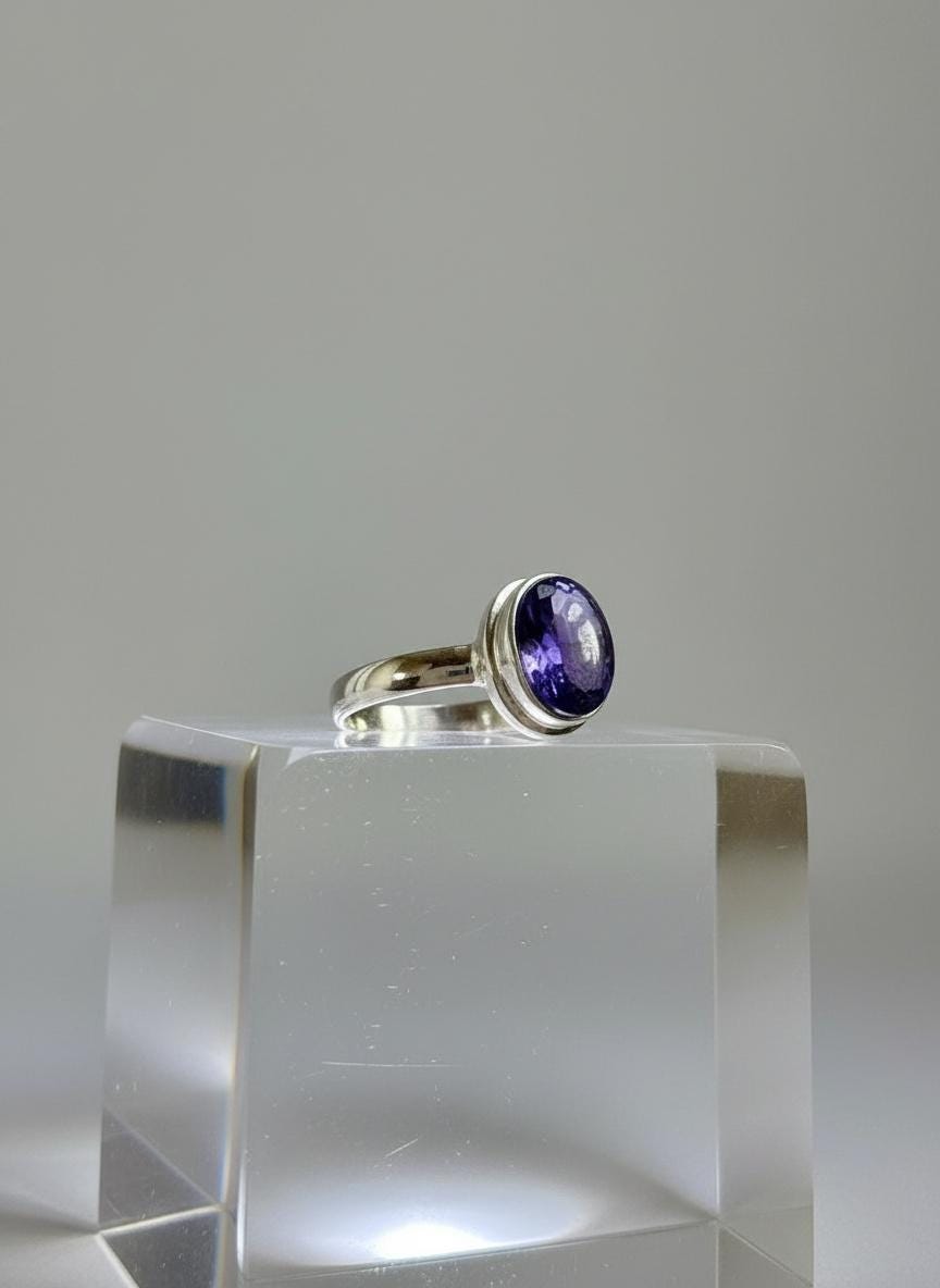 Iolite Cabochon Ring - 925 Sterling Silver Bezel, Violet Gemstone