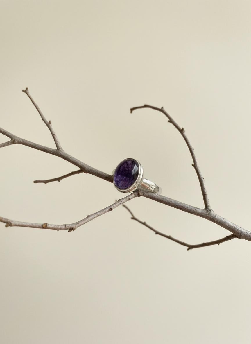 Iolite Cabochon Ring - 925 Sterling Silver Bezel, Violet Gemstone