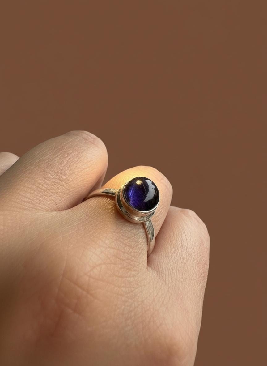Iolite Cabochon Ring - 925 Sterling Silver Bezel, Violet Gemstone