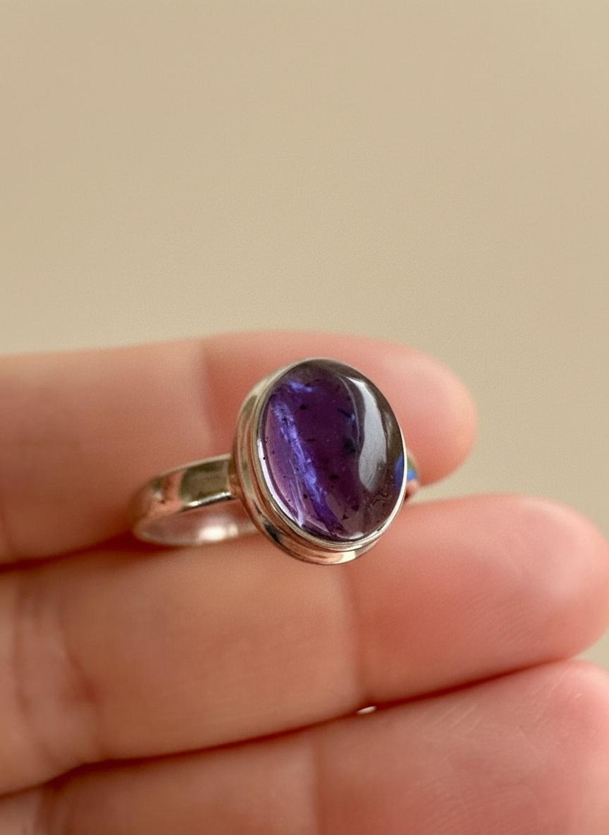 Iolite Cabochon Ring - 925 Sterling Silver Bezel, Violet Gemstone