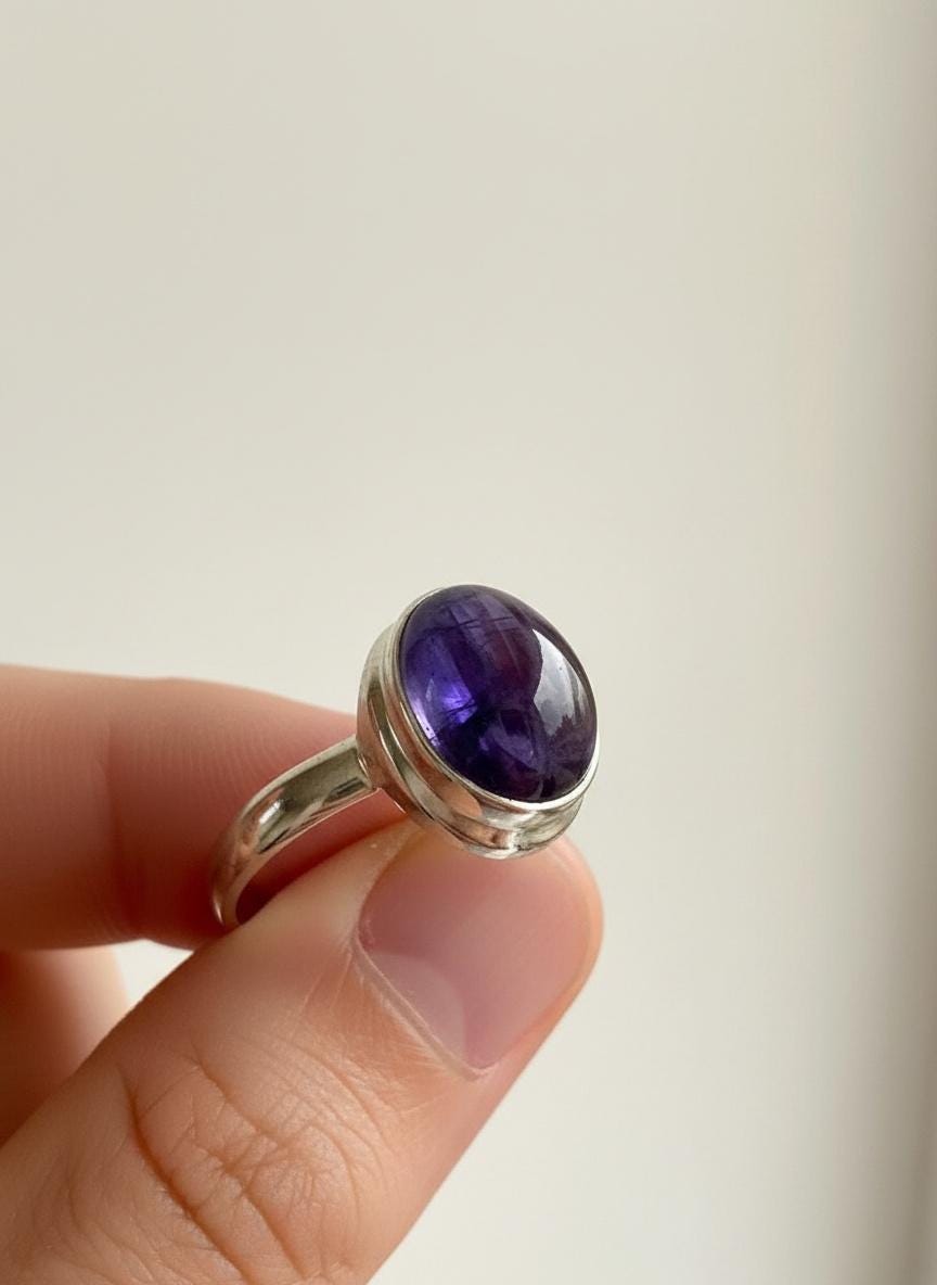 Iolite Cabochon Ring - 925 Sterling Silver Bezel, Violet Gemstone