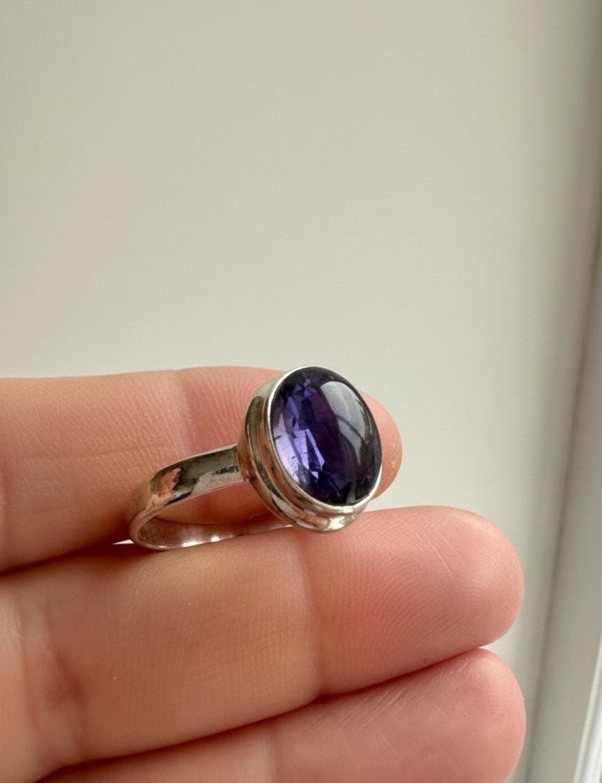 Iolite Cabochon Ring - 925 Sterling Silver Bezel, Violet Gemstone