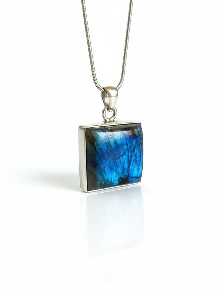 Blue Labradorite Sterling Silver Pendant, Square Cabochon